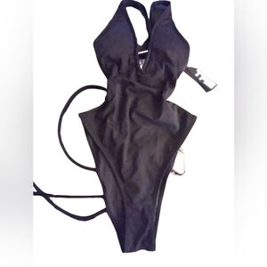 NWT Tae Black Halter One-Piece Swimsuit Tie In Back Size XS Beachy